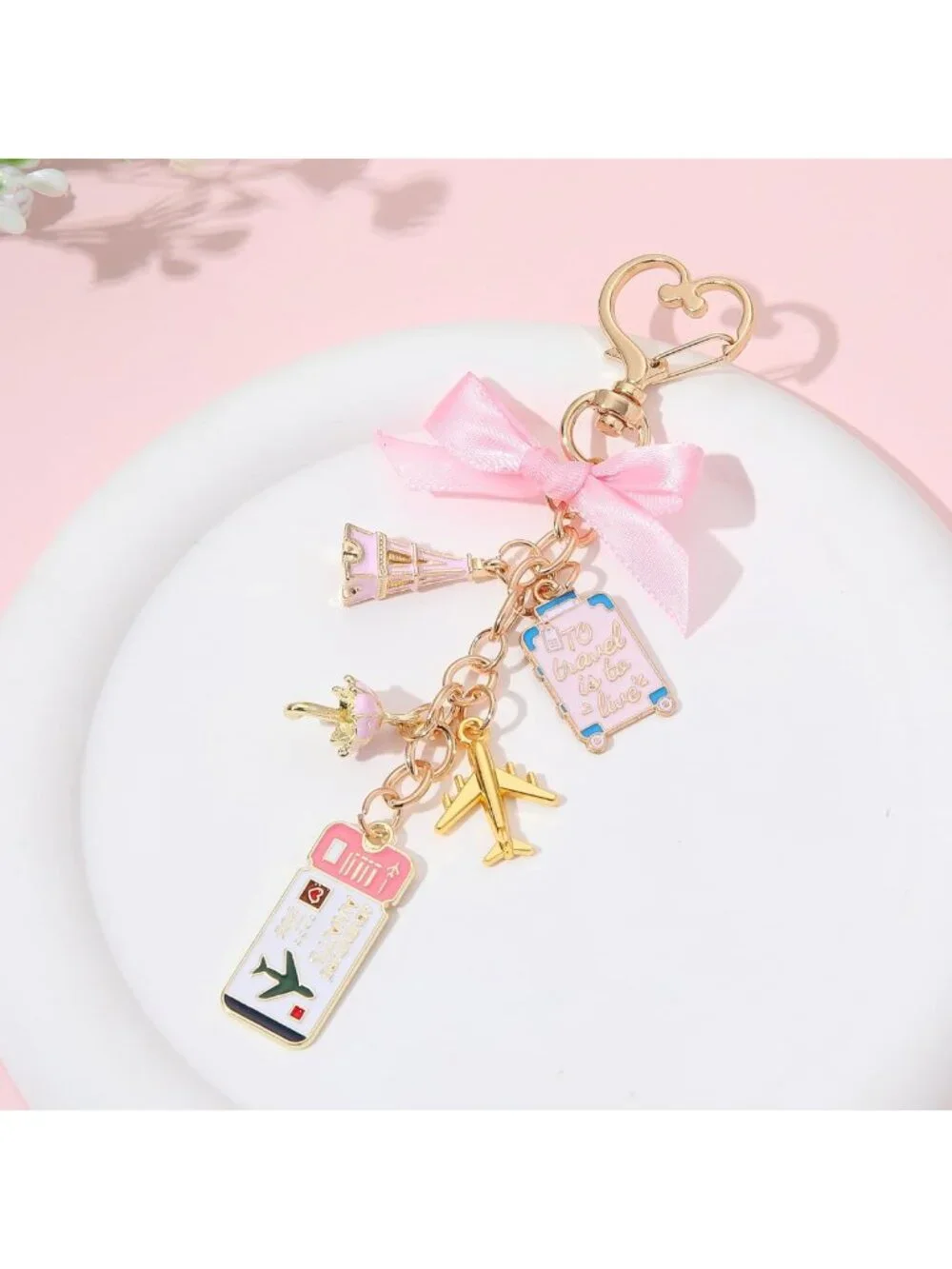 Travel Themed Keychain Set - 10PCS with Pink Bow, Gold Charms, Eiffel Tower